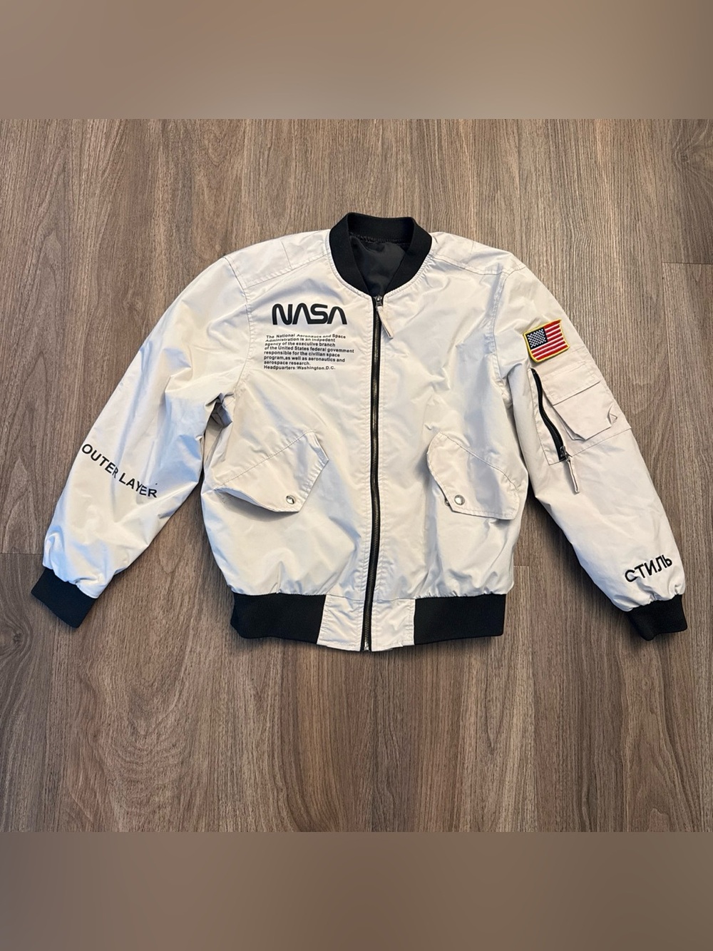 NASA bomber embroidered with patch jacket in beige & black. Size Small/Medium